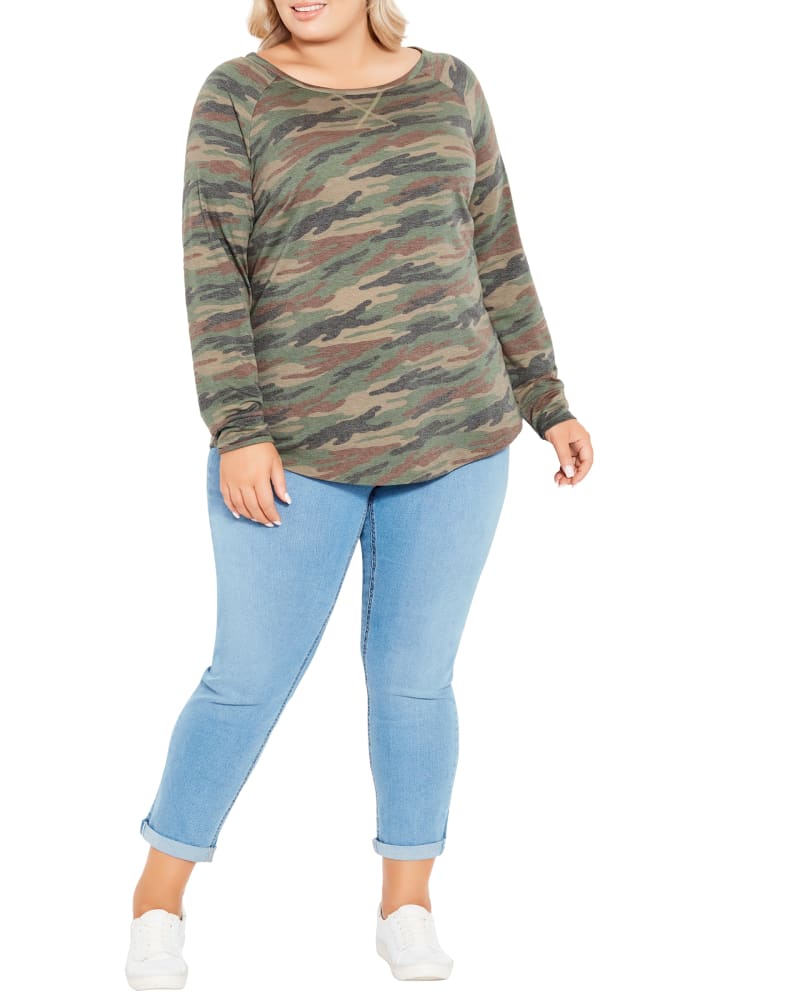 Front of a model wearing a size 14 Reese Longsleeve Camo Top in Olive Green / White by avenue. | dia_product_style_image_id:234162